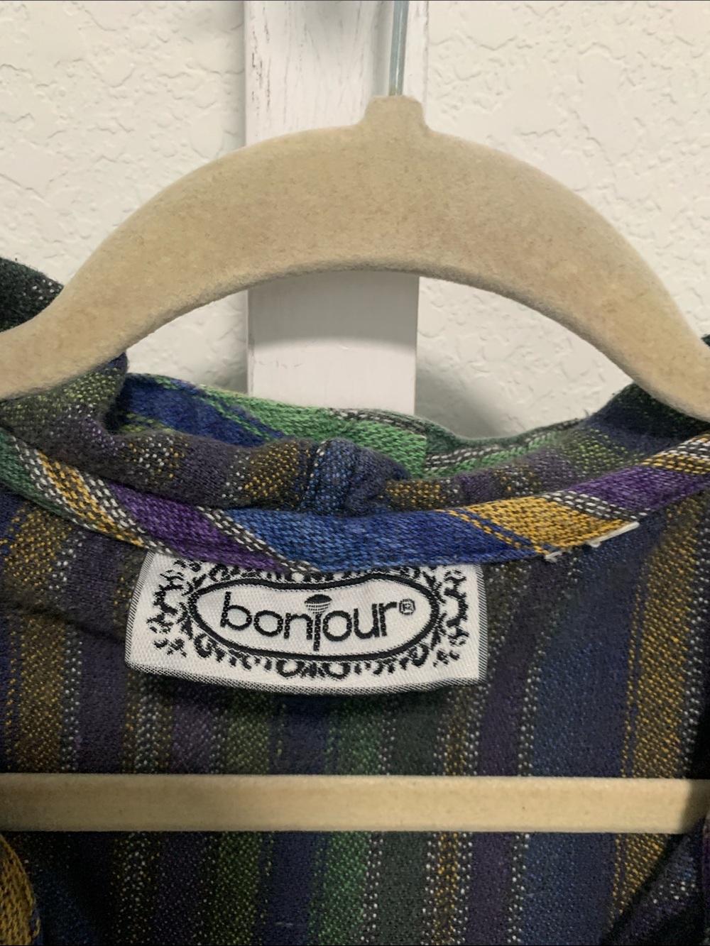 Vintage Bonjour Striped Hooded Pullover Sweatshirt Top - Green & Blue - Picture 2 of 7
